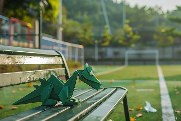 Imagen generativa de IA de una artesanía de origami que forma un dinosaurio verde en un banco en el campo