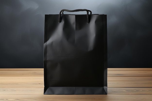 Foto imagen generativa de ia de una bolsa de compras de papel negro sobre una mesa de madera