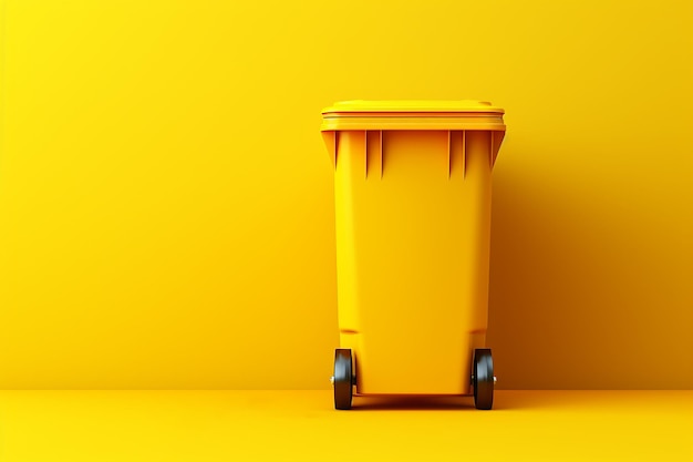 Imagen generativa de IA de un bote de basura con ruedas de empuje en el fondo amarillo de la pared