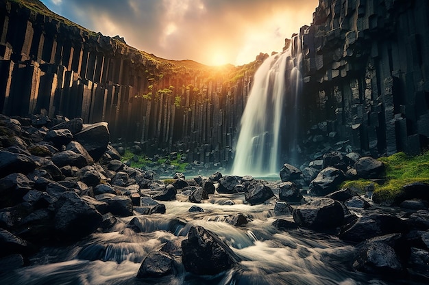 Imagen generativa de IA de la cascada en Rocky Wall al atardecer