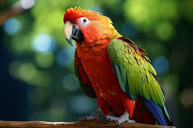 Imagen generativa de IA de un colorido pájaro guacamayo loro posado en la rama de un árbol en un día brillante