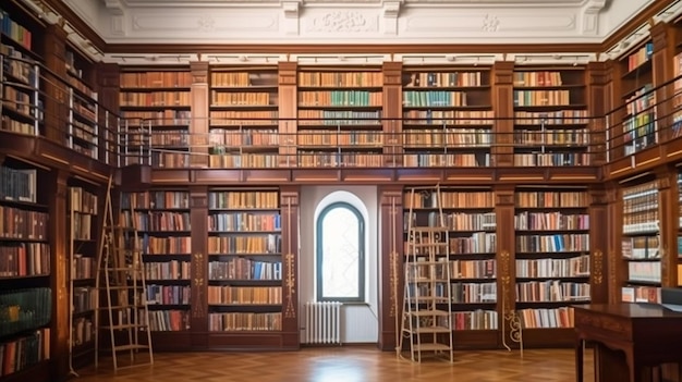 Imagen generativa de IA de estanterías en una biblioteca grande en una escuela