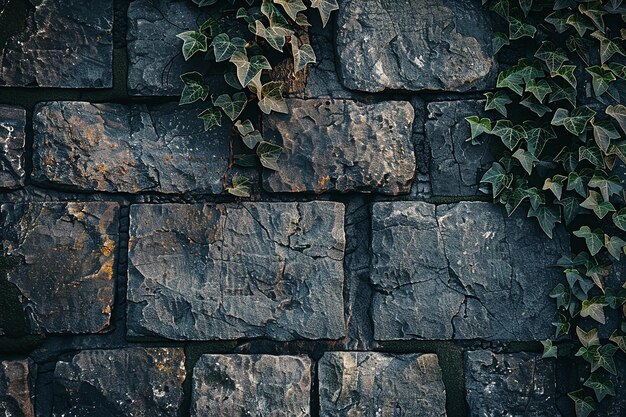 La imagen generativa de IA del fondo de la pared de piedra oscura forma un patrón de cuadrícula con el follaje de las vides