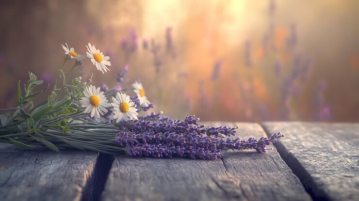 Imagen generativa de IA de una hermosa decoración de flores de manzanilla de lavanda con fondo de mesa de madera