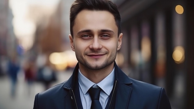 Imagen generativa de IA de un hombre sonriente vestido de negocios en una calle de la ciudad