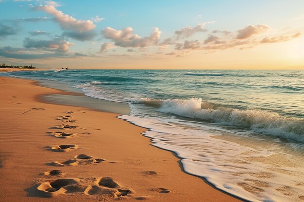 Imagen generativa de IA de huellas en la arena de la playa con olas de agua al amanecer