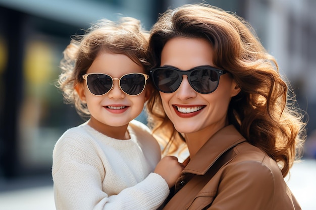 Imagen generativa de IA de una madre cargando a una niña con gafas elegantes y expresión sonriente