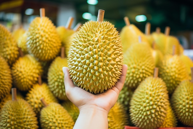 Foto imagen generativa de ia de la mano sosteniendo la fruta de durian en el mercado