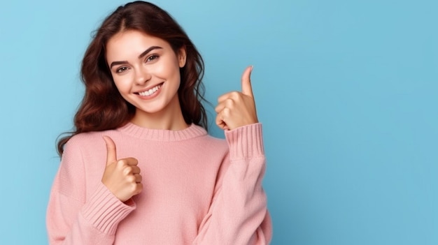 Imagen generativa de IA de una mujer contemplativa que lleva un cárdigan rosa y posa con el pulgar hacia arriba sobre un fondo azul