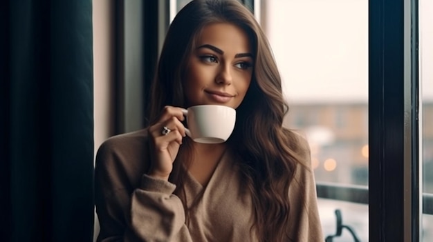 Imagen generativa de IA de una mujer joven e impresionante disfrutando de un café
