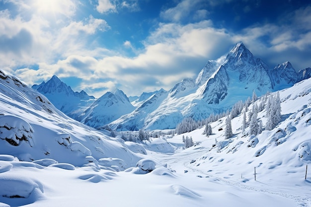 Imagen generativa de IA del paisaje natural de las montañas con nieve en invierno