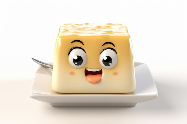 Foto imagen generativa de ia del personaje de dibujos animados de comida de tofu con una linda expresión feliz en el plato