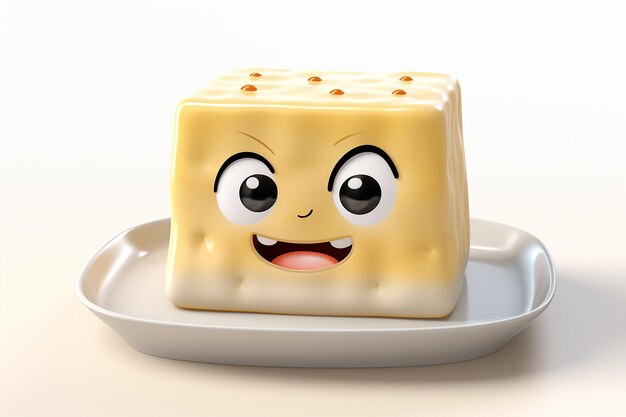 Foto imagen generativa de ia del personaje de dibujos animados de tofu food con una linda expresión en el plato