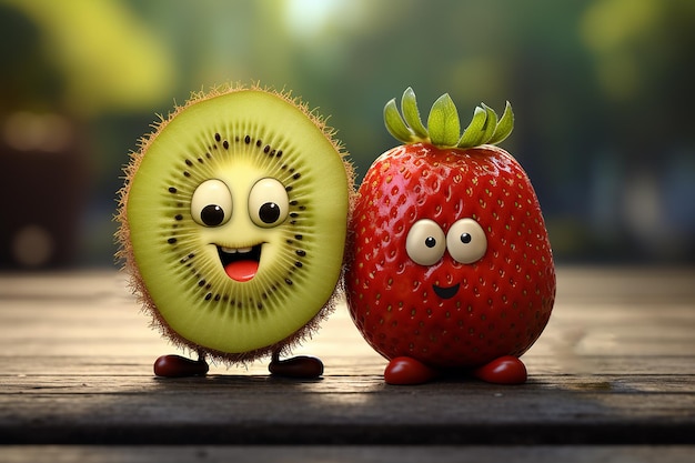 Foto imagen generativa de ia del personaje de la fruta de fresa kiwi con expresión sonriente