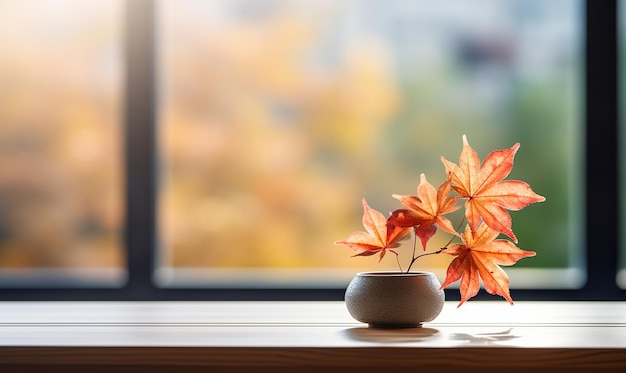 Imagen generativa de IA de una planta de hoja de arce sobre una mesa de madera con fondo natural desde la ventana
