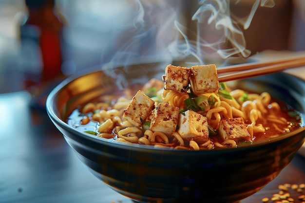 Imagen generativa de IA de Ramen de fideos picante con tofu en un cuenco