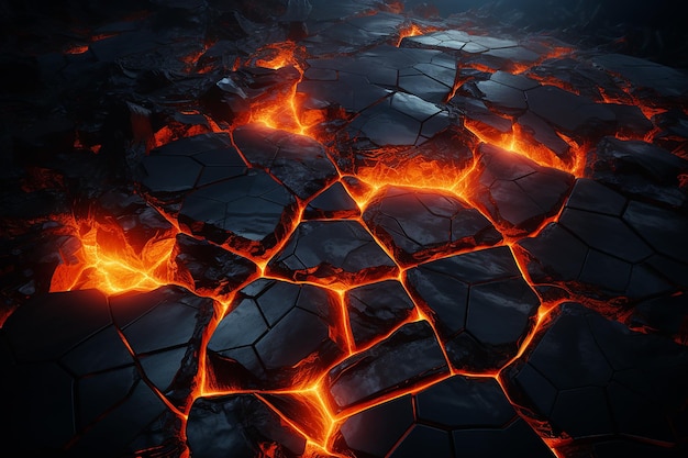 Imagen generativa de IA de rocas agrietadas con lava de magma ardiente caliente