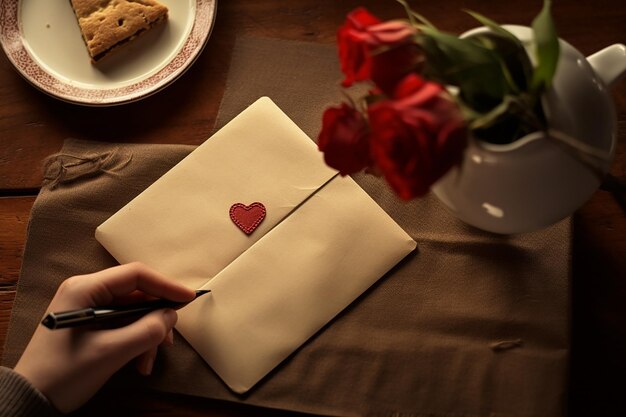 Foto imagen generativa de ia de un sobre de carta de amor con una pluma en la mano sobre una mesa de madera