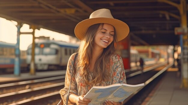 Imagen generativa de IA de un viajero alegre en una parada de tren