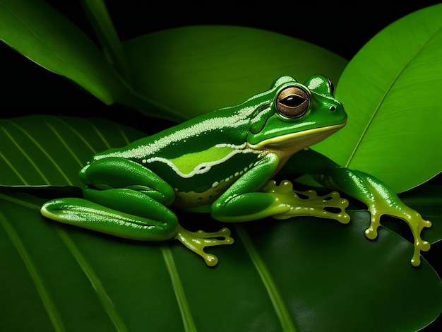 Imagen generativa de una rana verde sentada en una hoja verde de una planta tropical contra un fondo negro.