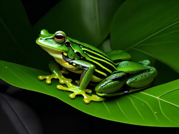 Imagen generativa de una rana verde sentada en una hoja verde de una planta tropical contra un fondo negro.