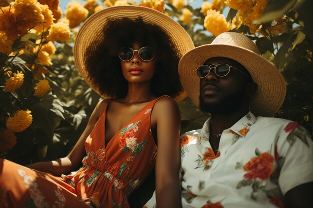 Foto imagen generativa de retrato de ia de una hermosa pareja feliz disfrutando de su descanso en el extranjero en un balneario tropical un día soleado