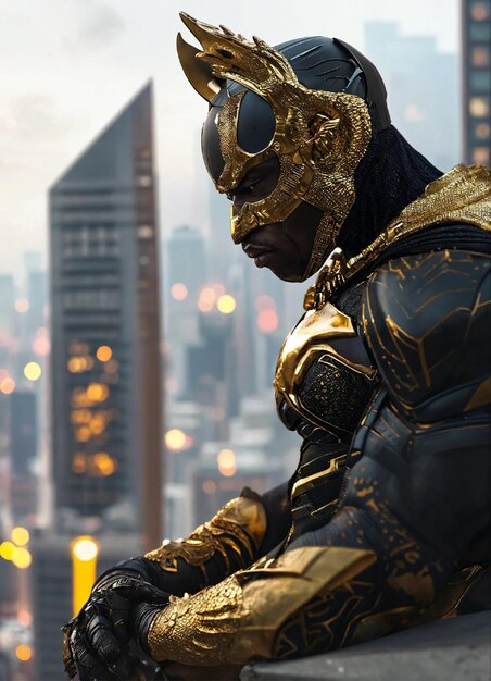 Una imagen genial de AFRICAN BAT MAN WITH GOLD DRAGON MASK fusionado o unido junto con BLACK PANTHER