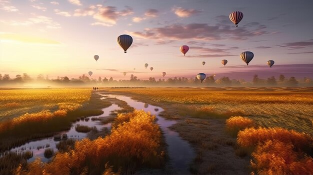 Una imagen de globos aerostáticos en un campo con una puesta de sol de fondo.