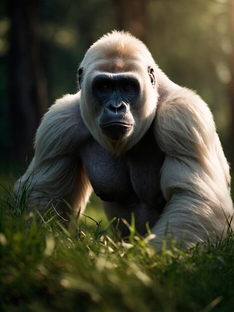 Imagen de un gorila blanco en la hierba verde en un bosque