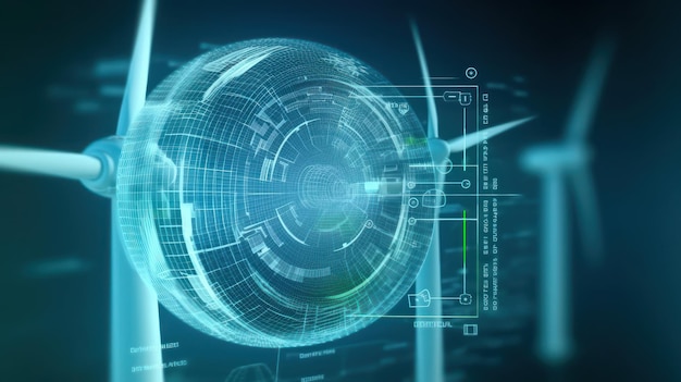 Imagen gráfica de molinos de viento y diagrama de producción y uso de energía en el fondo azul