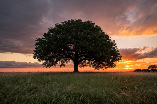 Imagen de gran angular de un solo árbol que crece bajo un cielo nublado durante una puesta de sol rodeada de hierba