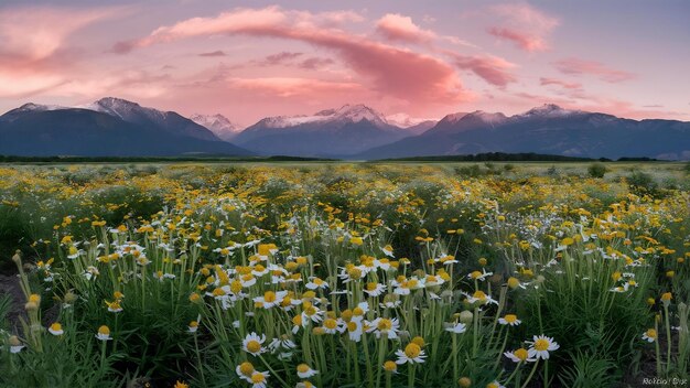 Imagen de gran ángulo de un campo con manzanillas con las montañas detrás de ellas paisaje natural