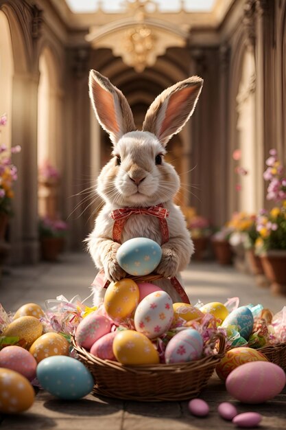 Una imagen de un gran conejo de Pascua llevando una canasta llena de huevos afuera