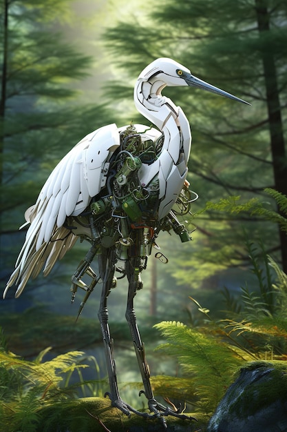 Imagen de la gran garza tecnología de robot gundam electrónico en el bosque Aves animales salvajes Ilustración de IA generativa