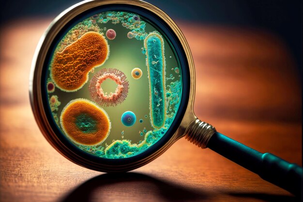 Imagen grande de bacterias en la manija de la puerta con lupa generativa ai