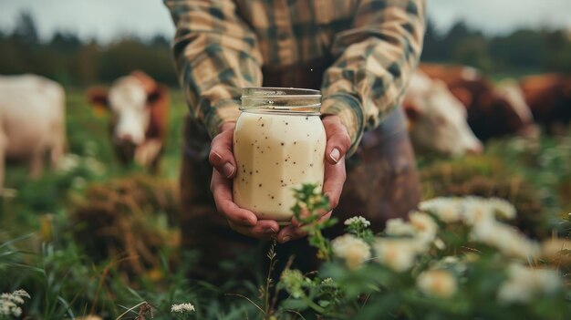 Foto en esta imagen un granjero está trabajando en una granja orgánica con vacas lecheras usando un gran recipiente de leche. el modelo es un granjero real.