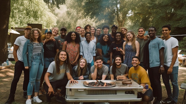 Imagen grupal generativa de IA de adolescentes disfrutando de un picnic agrupados alrededor de la parrilla