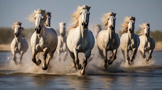 Una imagen de un grupo de caballos blancos corriendo por el agua IA generativa