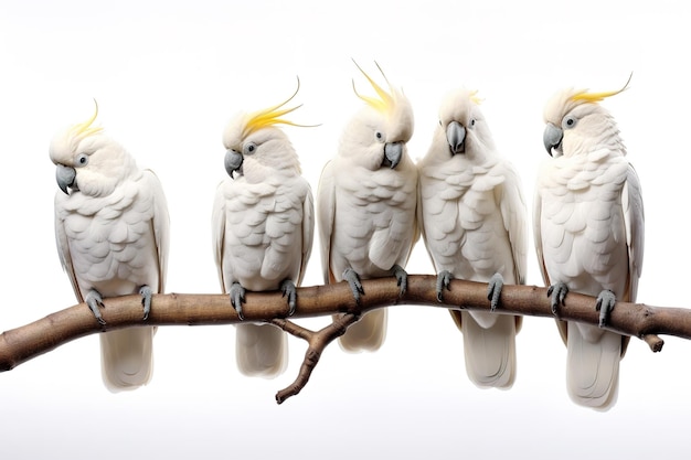 Imagen de un grupo de cacatúas blancas en la rama sobre un fondo blanco Aves Animales de compañía Ilustración IA generativa