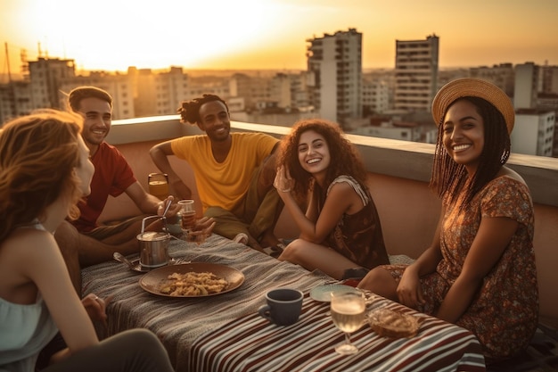 Foto una imagen de un grupo diverso de amigos disfrutando de una puesta de sol en una fiesta de barbacoa en la azotea