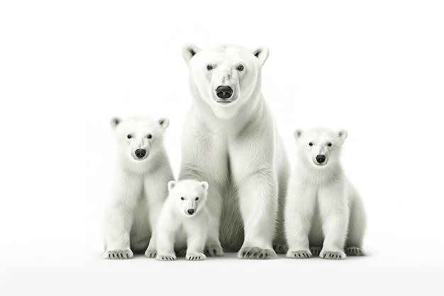 Imagen del grupo familiar de osos polares sobre fondo blanco Ilustración de animales salvajes AI generativa