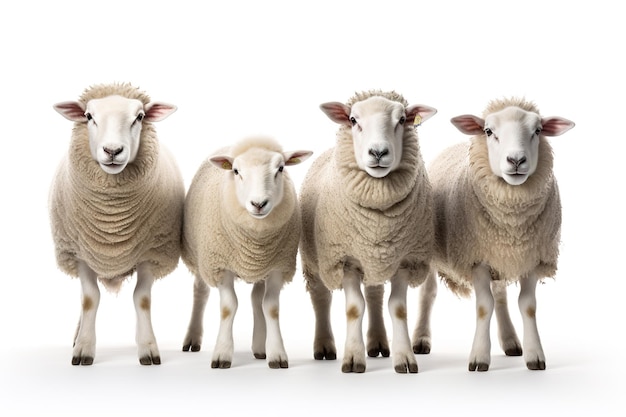 Imagen de un grupo familiar de ovejas sobre un fondo blanco Animales de la granja Ilustración IA generativa