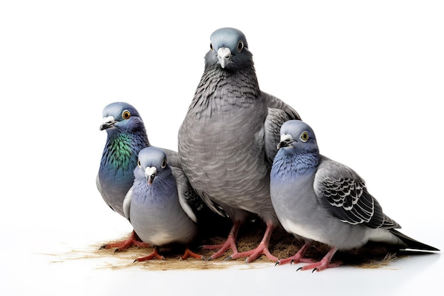 Imagen de un grupo familiar de palomas en fondo blanco Aves Animales silvestres Ilustración IA generativa