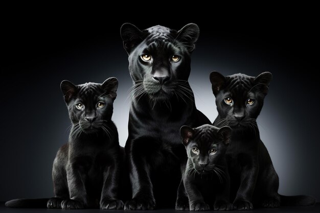 Imagen del grupo familiar de la pantera negra en fondo negro Animales silvestres Ilustración IA generativa