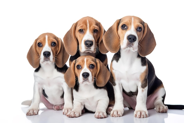 Imagen del grupo familiar de perro beagle sobre fondo blanco Ilustración de animales de compañía AI generativa