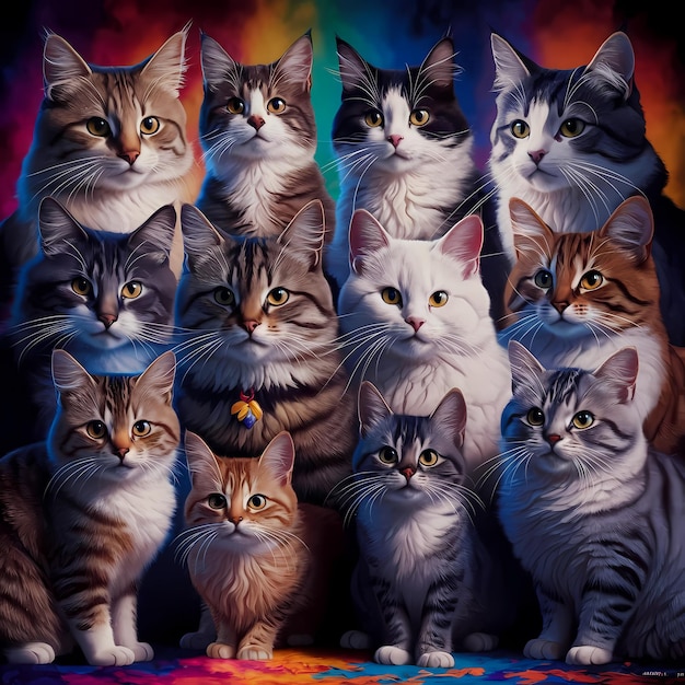 una imagen de un grupo de gatos con un fondo colorido