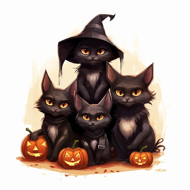 una imagen de un grupo de gatos negros con calabazas.