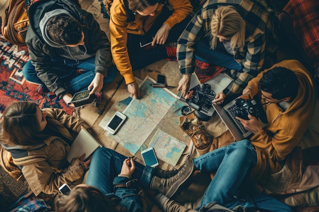 Foto la imagen del grupo de humanos caucásicos mirando el mapa del mundo aigx