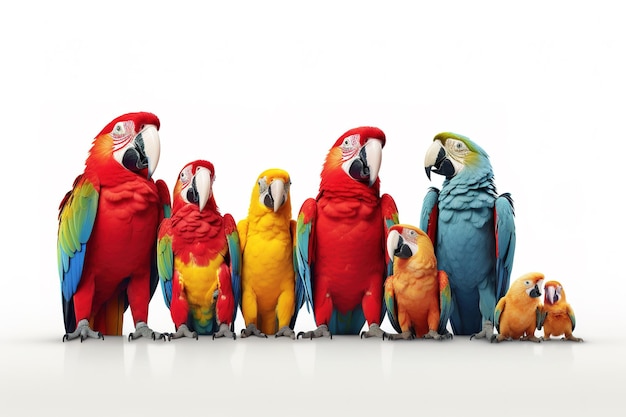 Imagen de un grupo de loros sobre un fondo blanco Aves Mascotas Animales Ilustración IA generativa