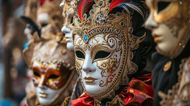 Foto una imagen con un grupo de máscaras venecianas exhibidas en un arreglo decorativo que muestra el v